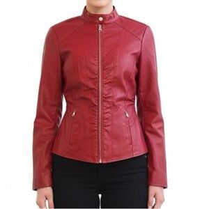 NWT Baccini Moto Red Faux Leather Jacket Cinched Waist Coat S
